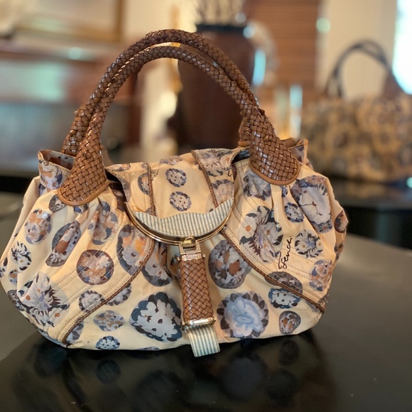 FENDI Floral Satchel w/ braided Leather trim